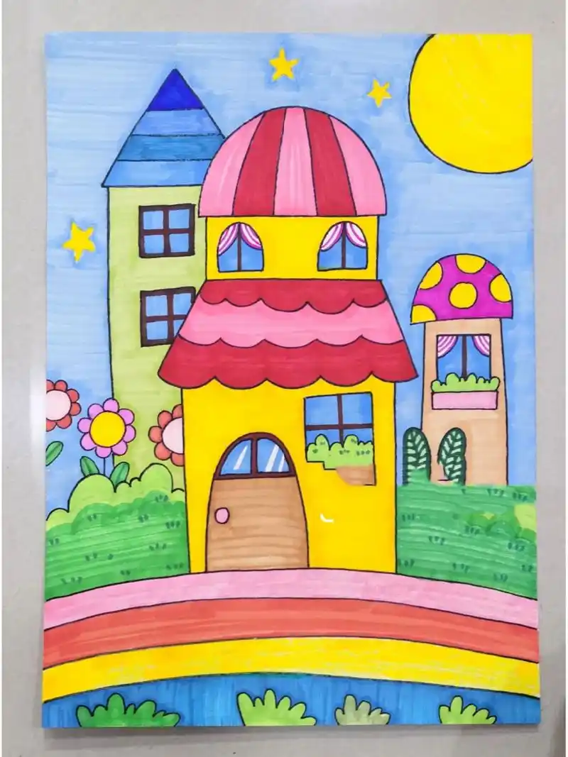 原创简单儿童画—可爱的楼房 后面有线描图～ 适合中班以上小朋友