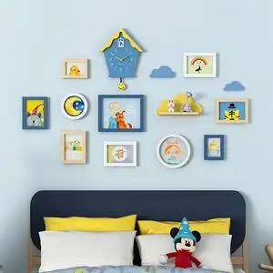 儿童房卡通相框挂墙组合实木北欧风照片墙洗照片小女孩房间男孩.