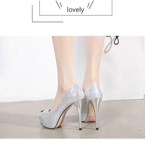 细跟13cm舞台时尚职业百搭银色鱼嘴单鞋女2021恨天高水钻婚鞋 银色 38