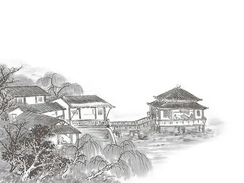 手绘古风水墨建筑元素楼阁水榭png素材