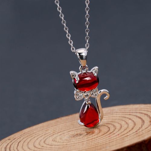 s925纯银猫咪项链小猫吊坠红色石榴石锆石甜美可爱锁骨链颈链饰品