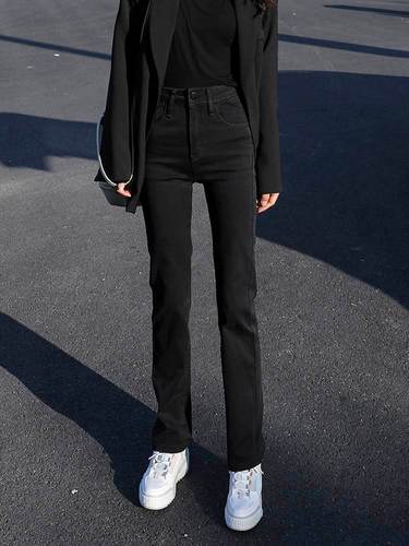 黑色加绒直筒牛仔裤女2022年新款爆款秋冬季高腰显瘦加长烟管裤子