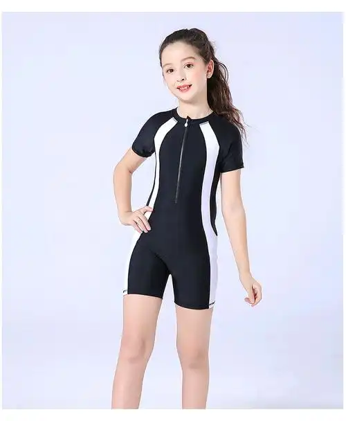 儿童女2022新款洋气连体防晒连体裙式藏青平角泳衣短裙l码建议身高