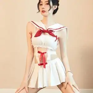 新情趣内衣露腰水手学生装系带露胸蝴蝶结制服诱惑短裙套装