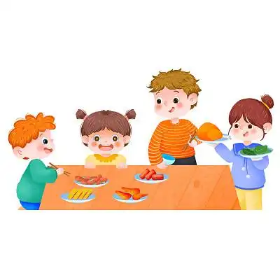 美食大餐冬补插画烤鸡聚会年夜饭圣诞节聚会儿童节png素材大雪背景