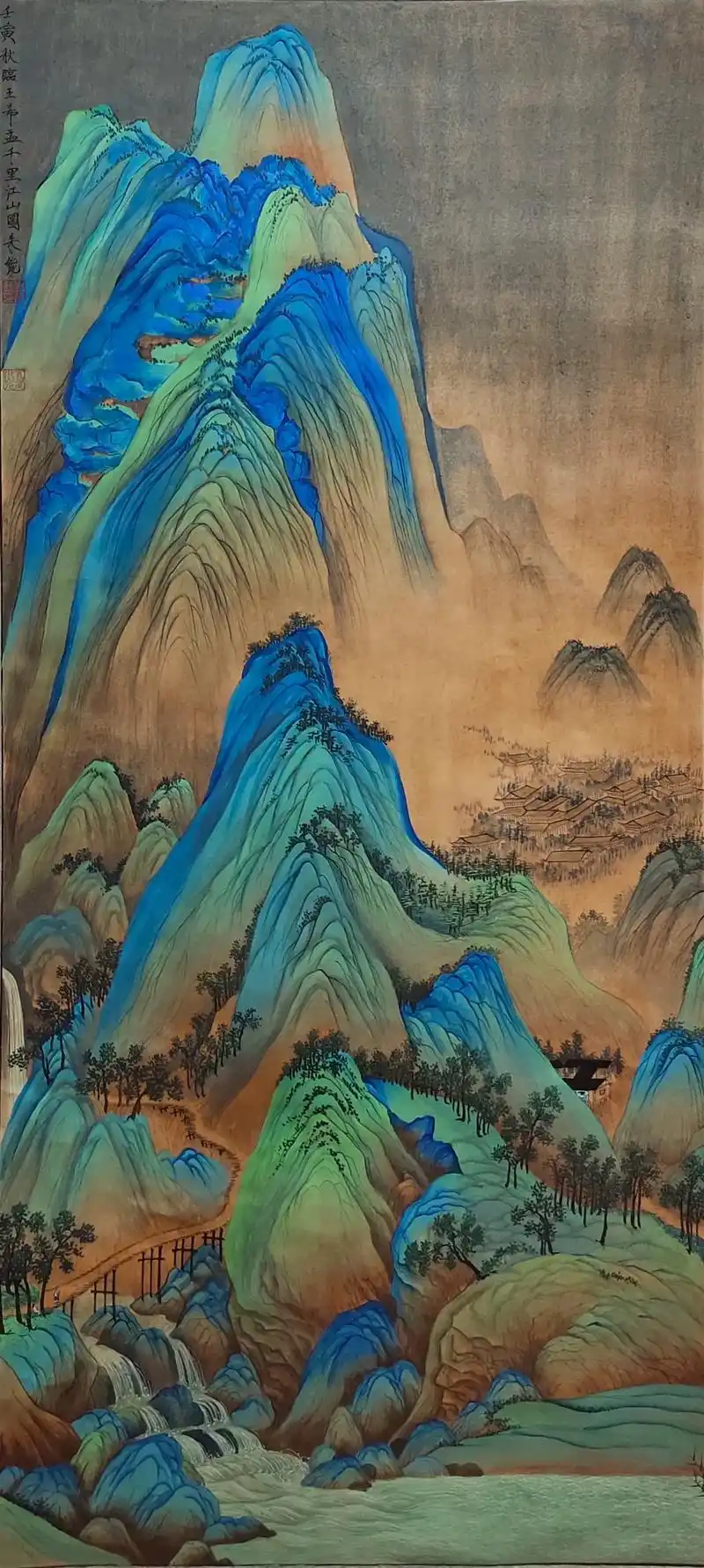 各位朋友您们好,断断续续临摹了两个月,完成了《千里江山图》局部,请