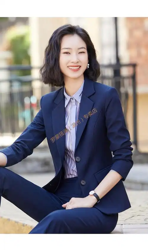 罗蒙轻奢高档女装蓝色职业西装套装女新款时尚气质面试正装女士修身