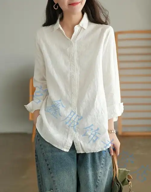 新款女士时尚麻布衣服女装款麻料女装上衣百搭女式文艺范白色衬衫女棉