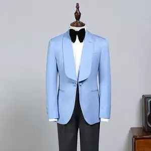 话森英伦复古天蓝色青果领西装礼服男士韩版修身宴会婚礼西服外套