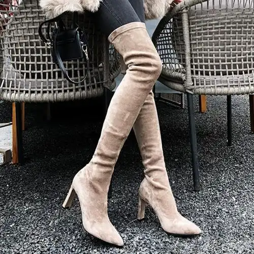 靴子女2020秋款长靴过膝超长高筒靴卡其色弹力高跟网红瘦瘦长筒靴