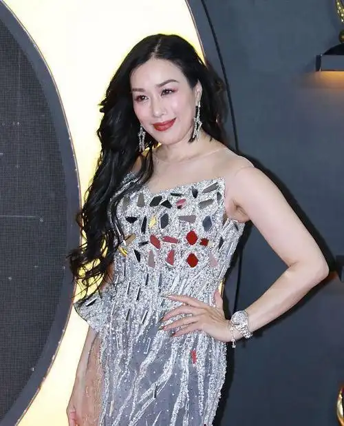 49岁钟丽缇近照身穿银光裙发量惹人羡对镜微笑尽显风情