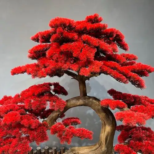 仿真绿植迎客松美人松红色新中式松树盆景售楼处景观假树造景摆件