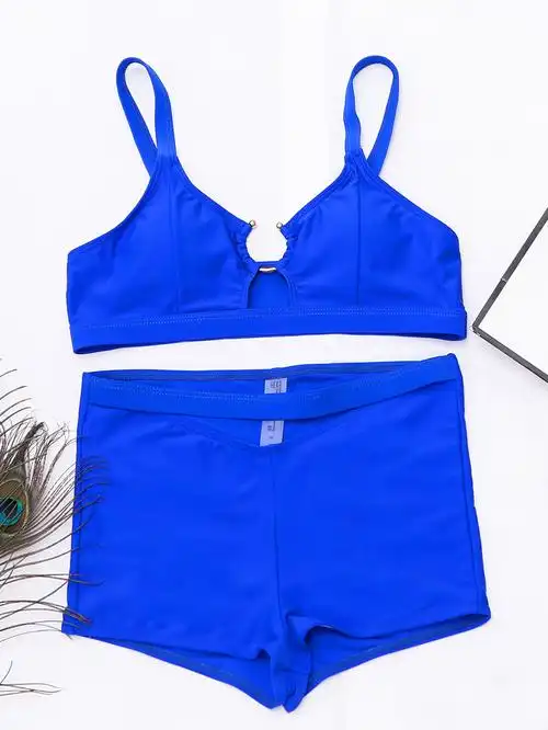 纯色分体泳衣平角bikini带胸垫高高腰大胸泳装分体泳衣