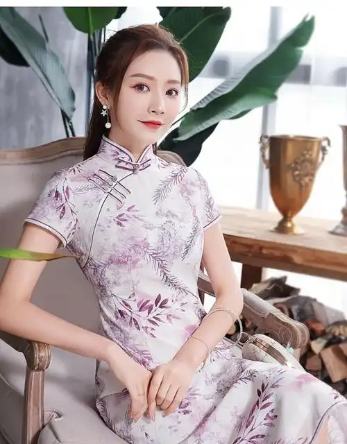 秀观唐花桃2020春夏新款改良雪纺印花优雅提花时尚中国风旗袍裙 白色