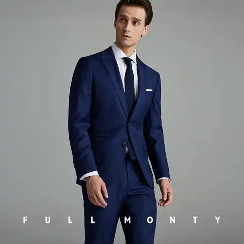 fullmonty男士宝蓝色纯羊毛西服套装戗驳领商务修身职业正装西装