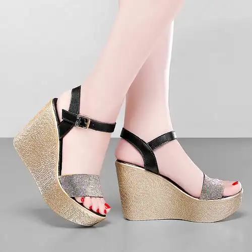 凉鞋超高高跟坡跟11cm厚底防水黑色水钻欧美时装凉鞋