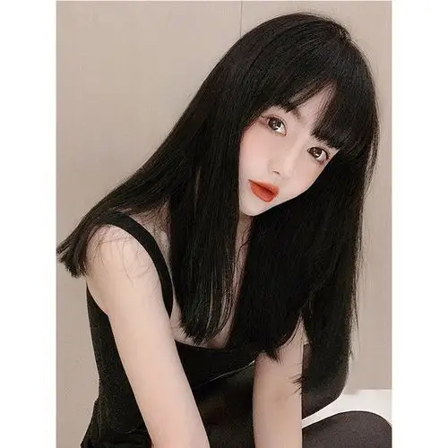 新款可爱齐刘海网红黑长直发假发女全头套式女士自然色假头发批发