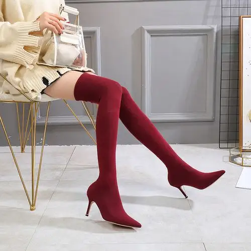 2019秋冬新款尖头细跟高跟鞋弹力丝袜靴女过膝长靴长筒加绒袜子靴