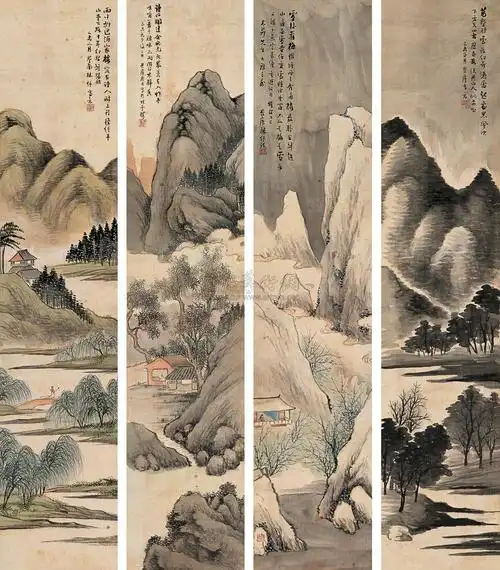 0487 己未(1919)年作 四景山水 立轴 设色绢本