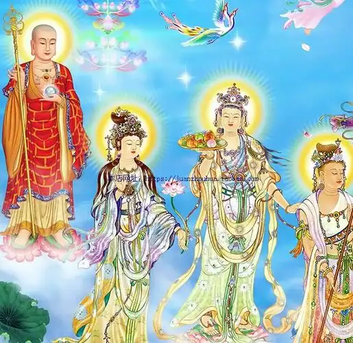 西方三圣接引佛图高清挂画画像佛教横幅佛堂国画