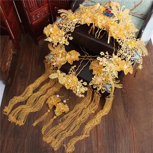 红豆新娘秀禾服古装头饰结婚中式金色长流苏发饰秀和套装古风配饰