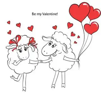 热恋中的情侣.两个可爱的卡通迷羊用红色的心照片