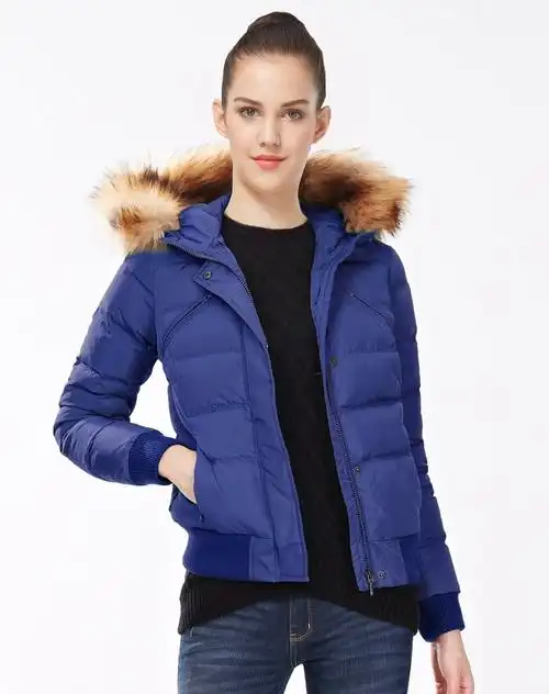 黛蓝色可机洗多袋可拆毛边连帽羽绒服