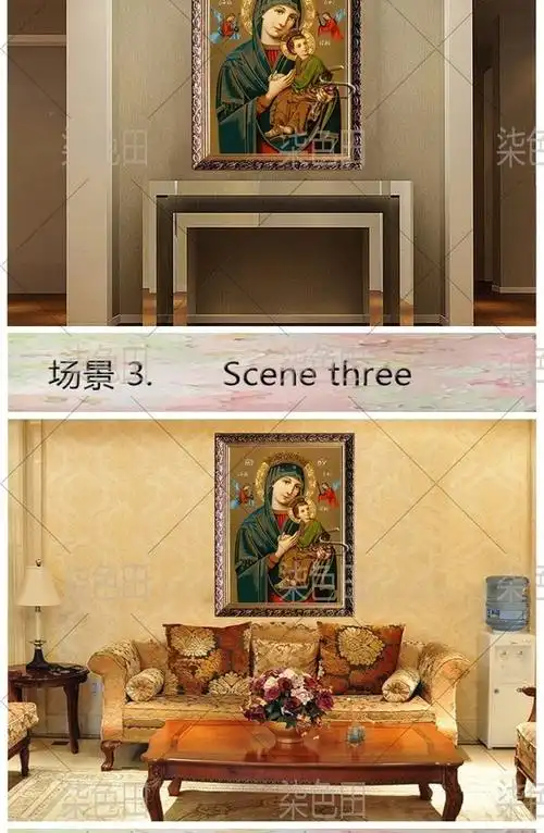 柒色田新品天主教永援圣母抱耶稣纯手绘喷绘客厅玄关油画定制包邮