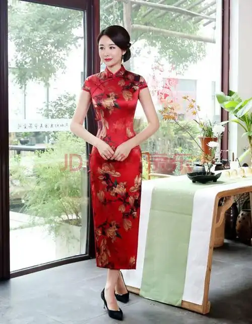 女士夏季旗袍修身显瘦真丝旗袍长款复古改良短袖桑蚕丝旗袍 红色 m