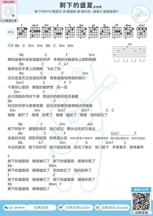 剩下的盛夏吉他谱_tfboys_f调六线谱_白熊音乐图片谱_木木吉他网