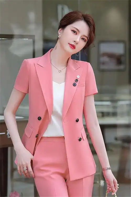 粉色西装套装女夏时尚职业装气质女神范炸街小西服韩版主持人正装