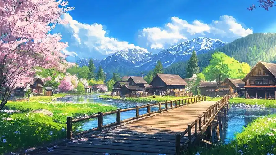 樱花木桥流水村落-场景动态