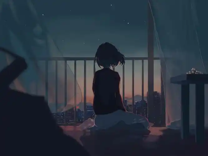 少女女孩子城市窗帘晚上星星夜晚风景4k动漫图片