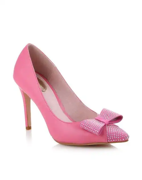 粉色真皮内里尖头水钻蝴蝶结高跟鞋