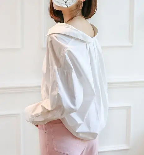 粉猫家 进口长绒棉v领露锁骨气质白衬衫女宽松显瘦上衣2019新款