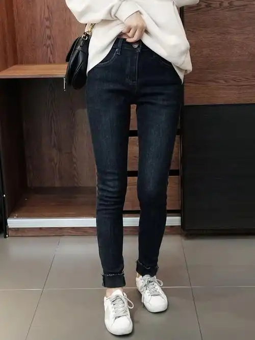 有大雾霾蓝显腿细加厚加绒牛仔裤女高弹力秋冬cosplay女装