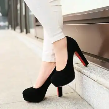 春秋韩版新款高跟鞋圆头粗跟单鞋防水台性感夜店黑色ol工作女鞋 黑色