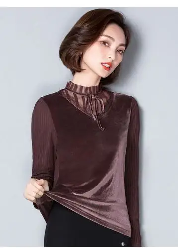 高端时尚新品【高档】捡漏爆款金丝绒打底衫女长袖t恤系带小衫 春秋