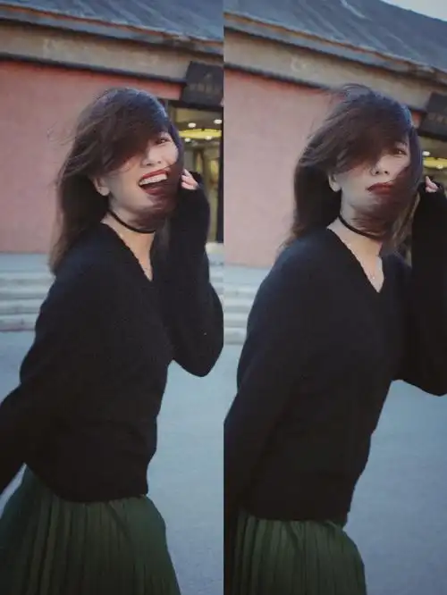 高圆圆晒北京春日写真黑衣红唇撩发笑容甜