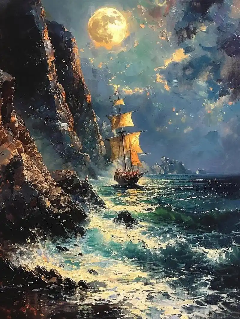 ai 油画|月夜·帆船