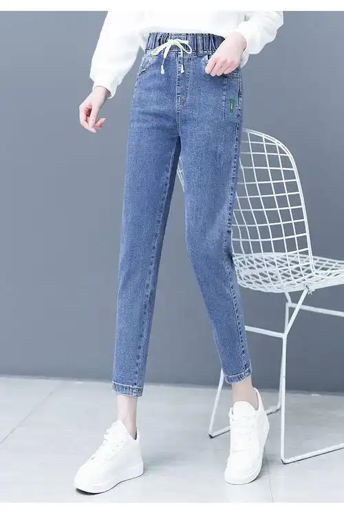 工厂直供女生牛仔裤松紧腰松紧带松紧高腰宽松春秋季2021新款百搭小脚