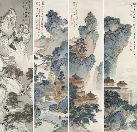 溥儒四景山水立轴设色纸本