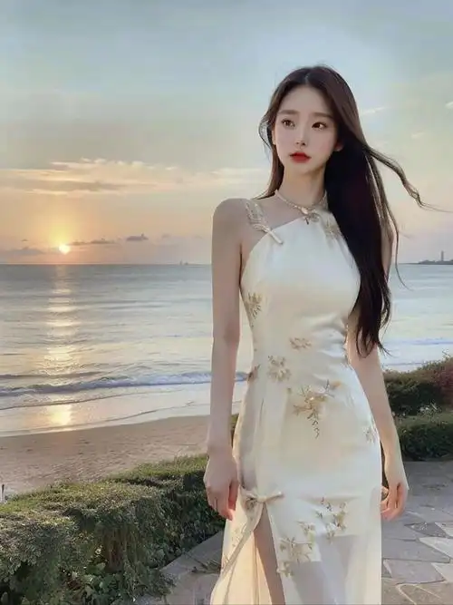 美女日落海滩白色连衣裙女神惊艳亮相优雅浪漫引领新潮流