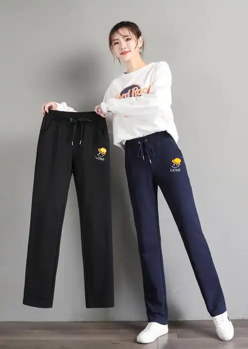 艳如飞棉刺绣工艺女式运动裤直筒款自然腰小宽松显瘦卫裤跑步休闲学生