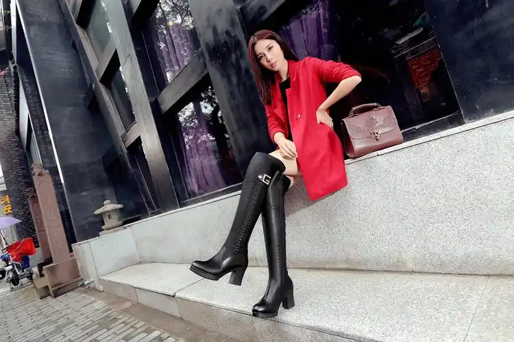 新款女王范时尚过膝长靴 女士头层牛皮瘦腿女鞋靴子批发
