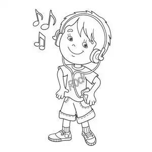 着色页大纲的男孩在耳机听音乐.孩子们的图画书照片