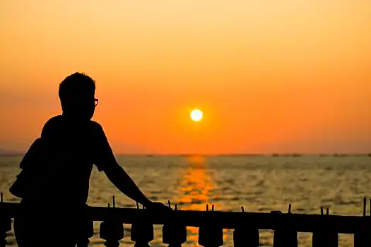 一个,旅行者,男人,海洋,海滩,看,日落,上方,结束,成功