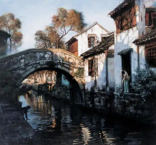 0034江南风光布面油画