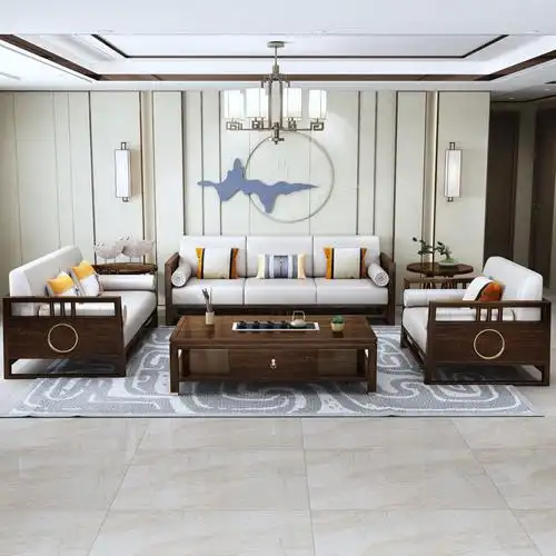 现代中式真皮沙发头层牛皮全实木新中式布艺沙发客厅轻奢家具组合