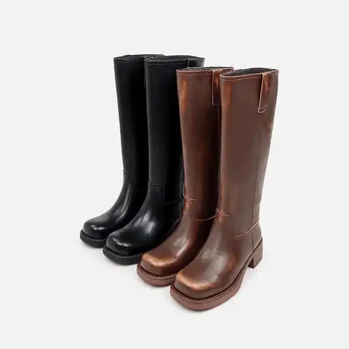 骑士靴女圆头粗跟长靴中跟高筒显瘦靴子女长筒靴azhushoes夏季